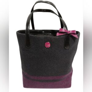Coach Wool Shoulder Bag Black Purple Tote Leather Trim Bow Accent Winter Purse